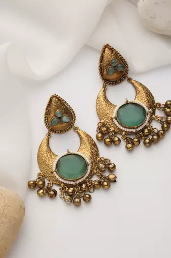 Gold plated blue stone dangler earrings