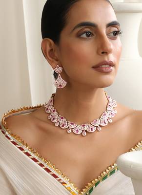 gold plated pink stone choker necklace set 1