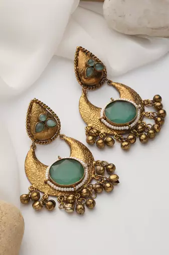 Gold plated blue stone dangler earrings
