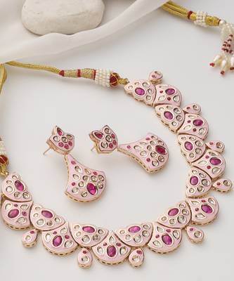 gold plated pink stone choker necklace set 2