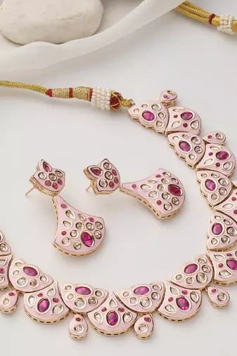 gold plated pink stone choker necklace set