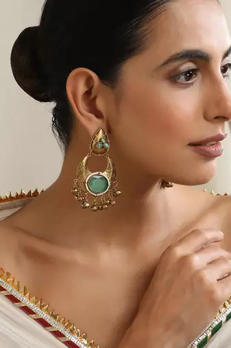 Gold plated blue stone dangler earrings