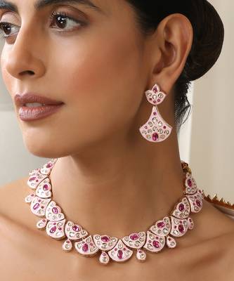 gold plated pink stone choker necklace set 3