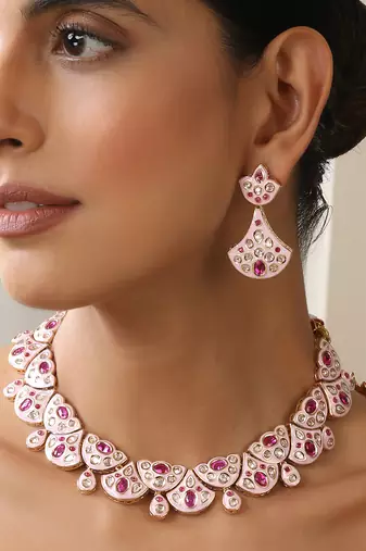 gold plated pink stone choker necklace set