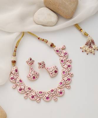 gold plated pink stone choker necklace set 4