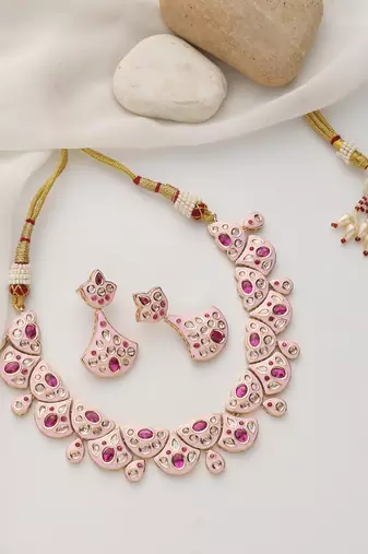 gold plated pink stone choker necklace set