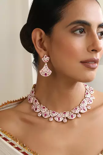 gold plated pink stone choker necklace set