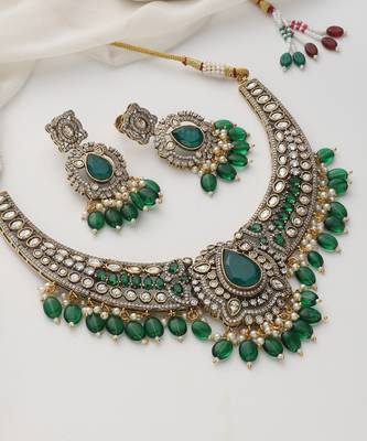 gold plated green stone necklace set 2