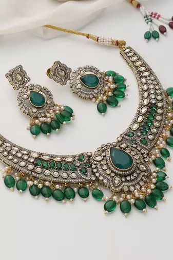gold plated green stone necklace set