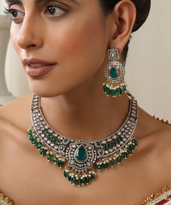 gold plated green stone necklace set 3
