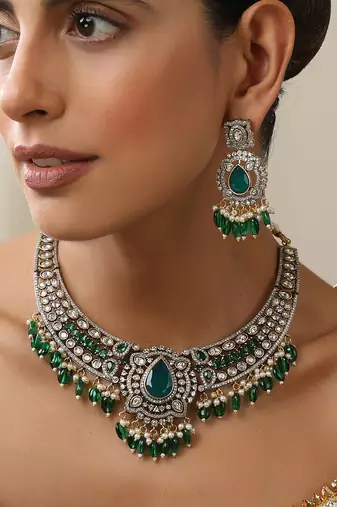 gold plated green stone necklace set