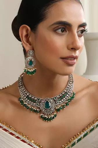 gold plated green stone necklace set