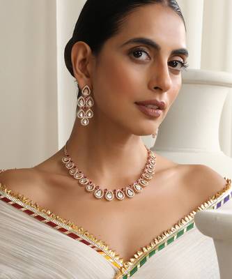 gold plated pink stone necklace set 1