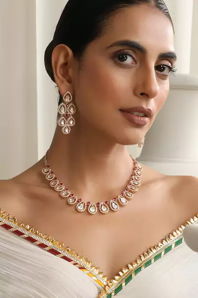 gold plated pink stone necklace set