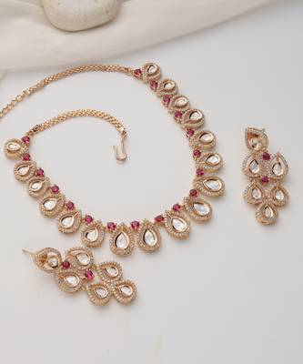 gold plated pink stone necklace set 2