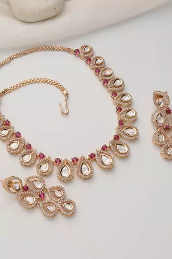 gold plated pink stone necklace set