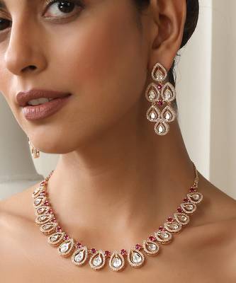 gold plated pink stone necklace set 3
