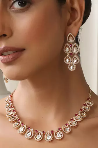 gold plated pink stone necklace set