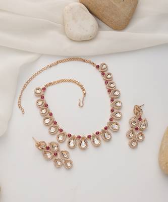 gold plated pink stone necklace set 4