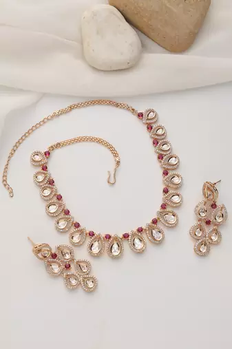 gold plated pink stone necklace set