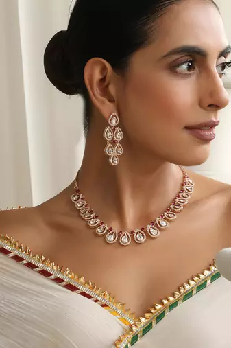 gold plated pink stone necklace set