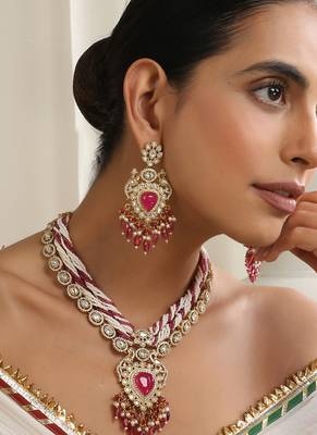 gold plated pink stone necklace set 1