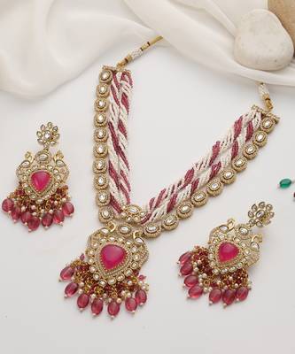 gold plated pink stone necklace set 2