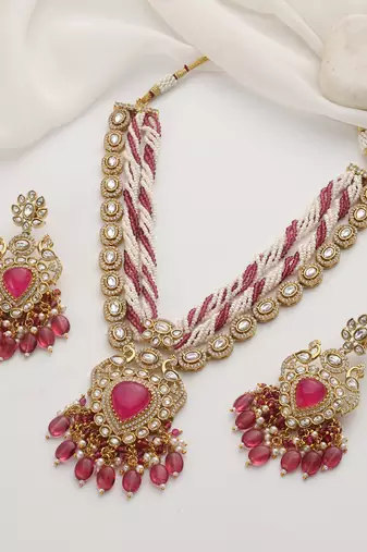 gold plated pink stone necklace set