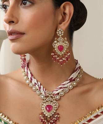 gold plated pink stone necklace set 3
