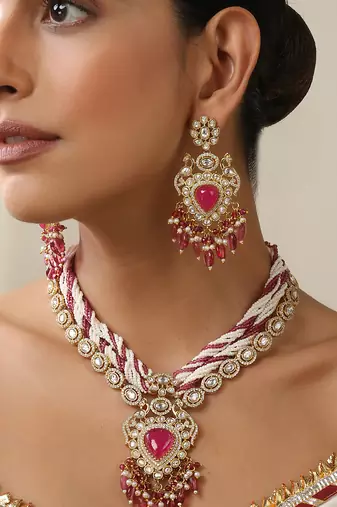 gold plated pink stone necklace set