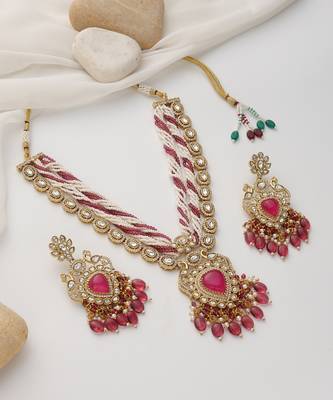 gold plated pink stone necklace set 4
