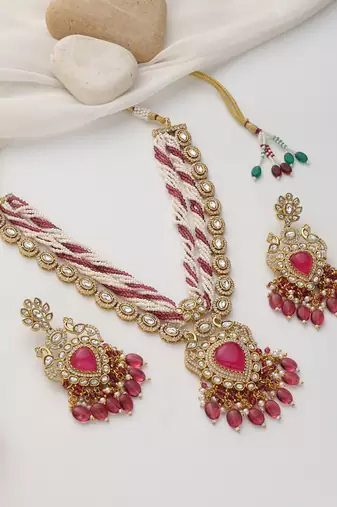 gold plated pink stone necklace set