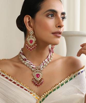 gold plated pink stone necklace set 5
