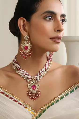 gold plated pink stone necklace set