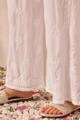 Hand embroidered white modal lucknowi chikankari palazzo