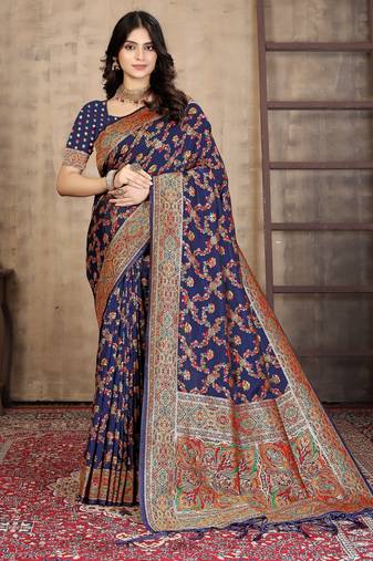 Majestic Navy Blue Patola-Inspired Silk Saree with Intricate Multicolor Weaving