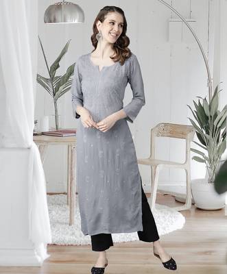 hand embroidered grey viscose georgette lucknowi chikankari straight kurta 1