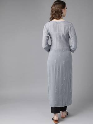 hand embroidered grey viscose georgette lucknowi chikankari straight kurta 2