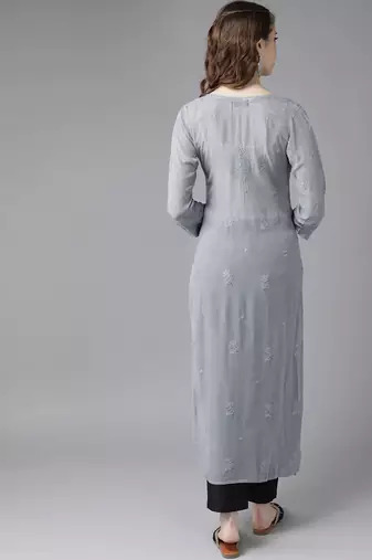hand embroidered grey viscose georgette lucknowi chikankari straight kurta