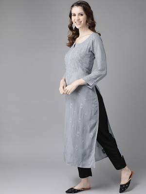 hand embroidered grey viscose georgette lucknowi chikankari straight kurta 3