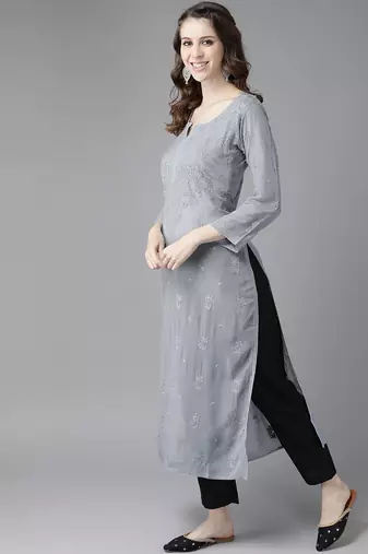 hand embroidered grey viscose georgette lucknowi chikankari straight kurta