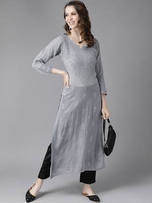 hand embroidered grey viscose georgette lucknowi chikankari straight kurta 4