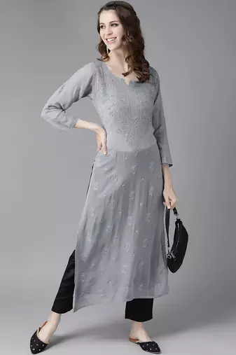 hand embroidered grey viscose georgette lucknowi chikankari straight kurta