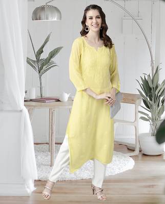 hand embroidered yellow viscose georgette lucknowi chikankari straight kurta 1