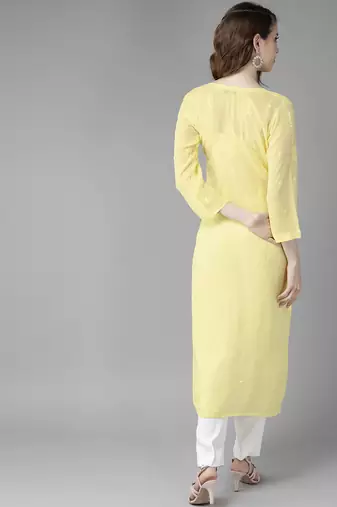 hand embroidered yellow viscose georgette lucknowi chikankari straight kurta