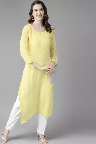 hand embroidered yellow viscose georgette lucknowi chikankari straight kurta