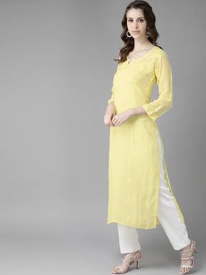hand embroidered yellow viscose georgette lucknowi chikankari straight kurta 4