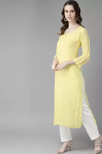 hand embroidered yellow viscose georgette lucknowi chikankari straight kurta