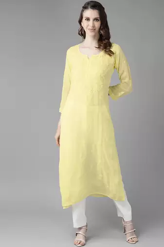 hand embroidered yellow viscose georgette lucknowi chikankari straight kurta