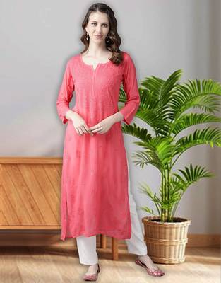 hand embroidered carrot pink viscose georgette lucknowi chikankari straight kurta 1